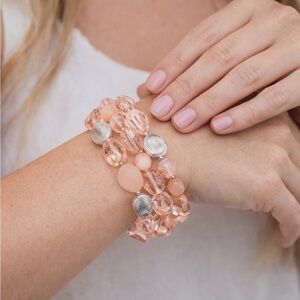 Peach Crystal Stretch Bracelet | Silver Accent Beaded Bracelet